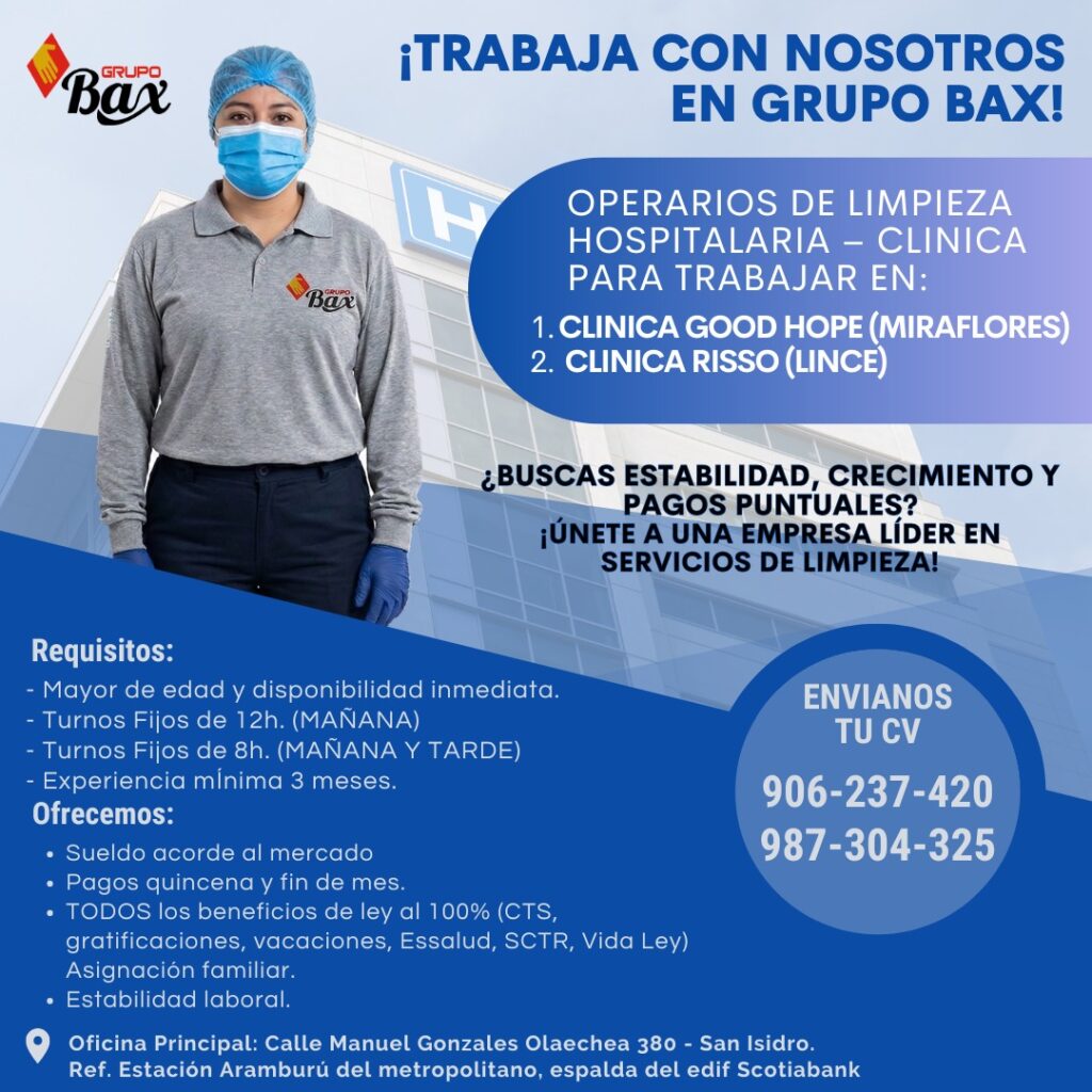 Operarios de Limpieza Hospitalaria en Lince y Miraflores